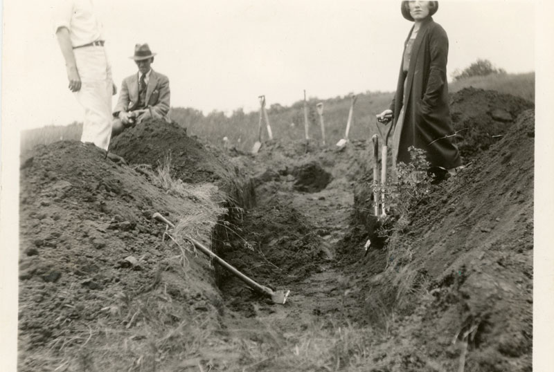 Charles Brown and Vivian Morgau are at the excavation site of mound No. 5 at the Reynolds farm.