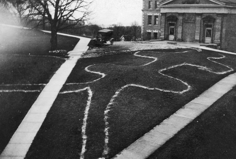 Elevated view of a double-tailed turtle effigy mound on Observatory Hill on the University of Wisconsin-Madison campus.